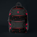 Red and gray gaming geometric background printed backpack<br><div class="desc">Get a modern gaming background with sharp geometric stripes and lines in red and gray. Customizable monogram in orange.</div>