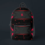 Red and gray gaming geometric background printed backpack<br><div class="desc">Get a modern gaming background with sharp geometric stripes and lines in red and gray. Customizable monogram in orange.</div>