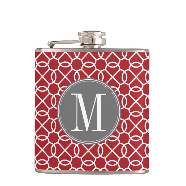 Red and Gray Geometric Pattern Monogram Flask (Front)