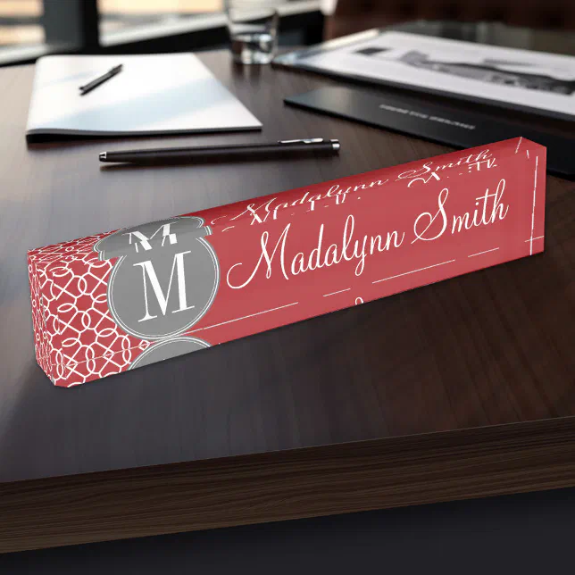 Red and Gray Geometric Pattern Monogram Name Plate | Zazzle