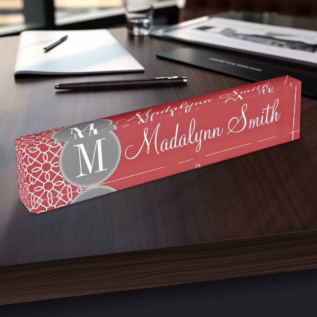 Red and Gray Geometric Pattern Monogram Name Plate (Personalized Name Plate for the Office, School or Home)