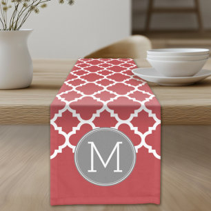 Red and Gray Geometric Pattern Monogram Short Table Runner