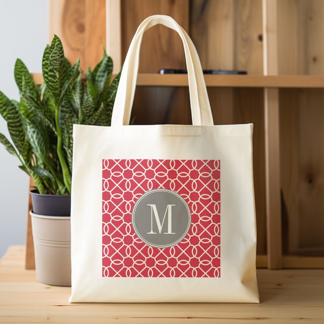 Red and Gray Geometric Pattern Monogram Tote Bag (Personalized tote bag with pattern and monogram)