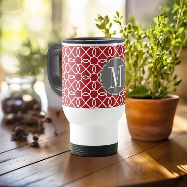 Red and Gray Geometric Pattern Monogram Travel Mug (Personalized travel mug - add photos and text or customize completely)
