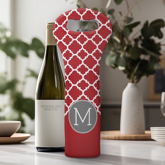 Red and Gray Geometric Pattern Monogram Wine Bag (Personalized Wine Tote - Add Your Name or Customize completely in the advanced design area)