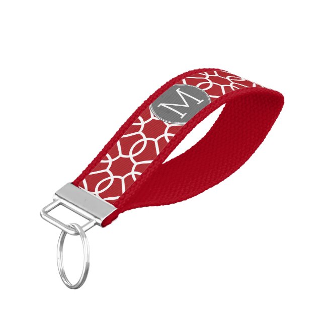 Red and Gray Geometric Pattern Monogram Wrist Keychain (Angled Down)