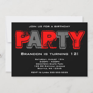 Red and Gray Grunge Birthday Party Invitation