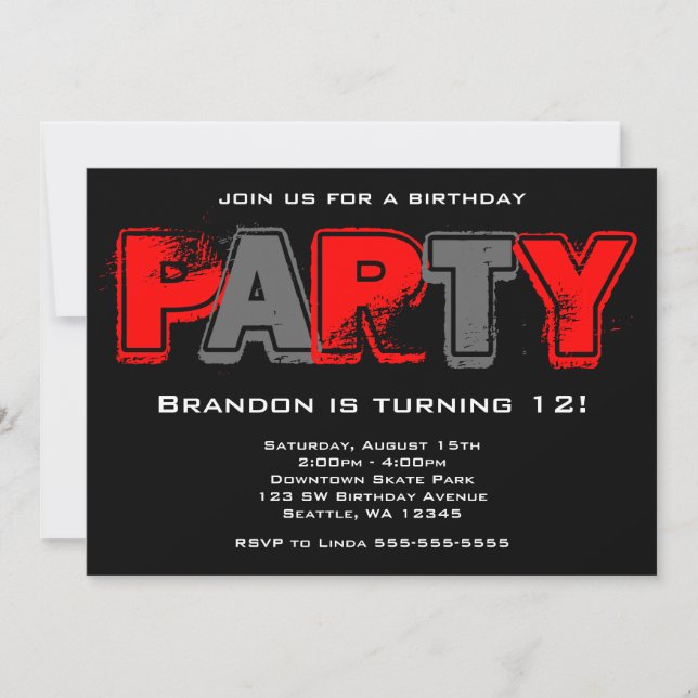Red and Gray Grunge Birthday Party Invitation (Front)