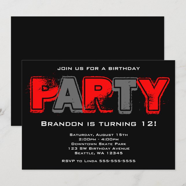 Red and Gray Grunge Birthday Party Invitation (Front/Back)