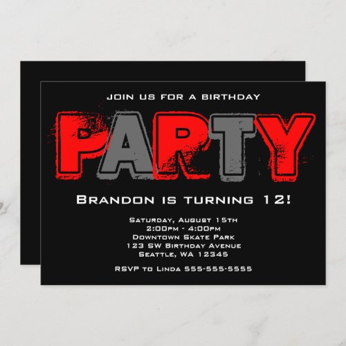 Red and Gray Grunge Birthday Party Invitation