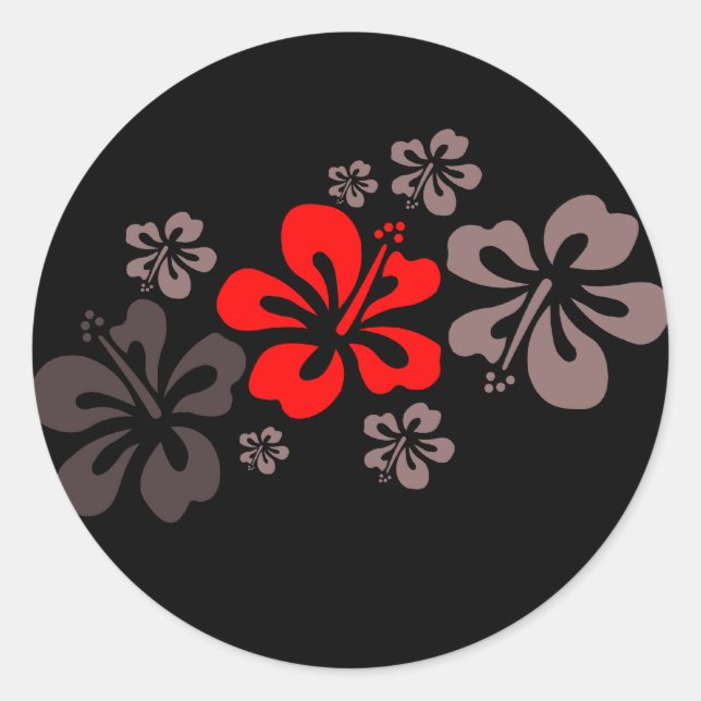 Red and Gray Hibiscus Classic Round Sticker (Front)
