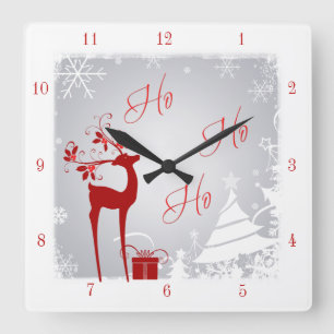 Red and Gray Ho Ho Ho Christmas Clock with Deer