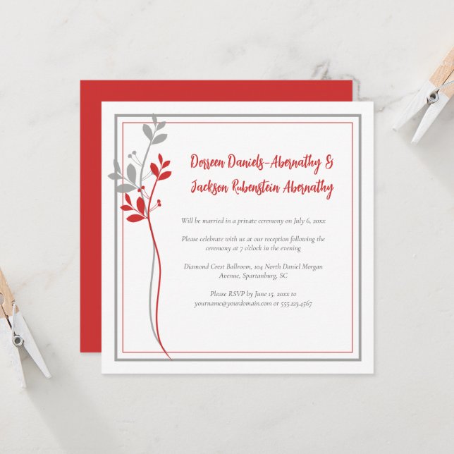 Red and Gray Modern Botanical Reception Only | Invitation (Front/Back In Situ)
