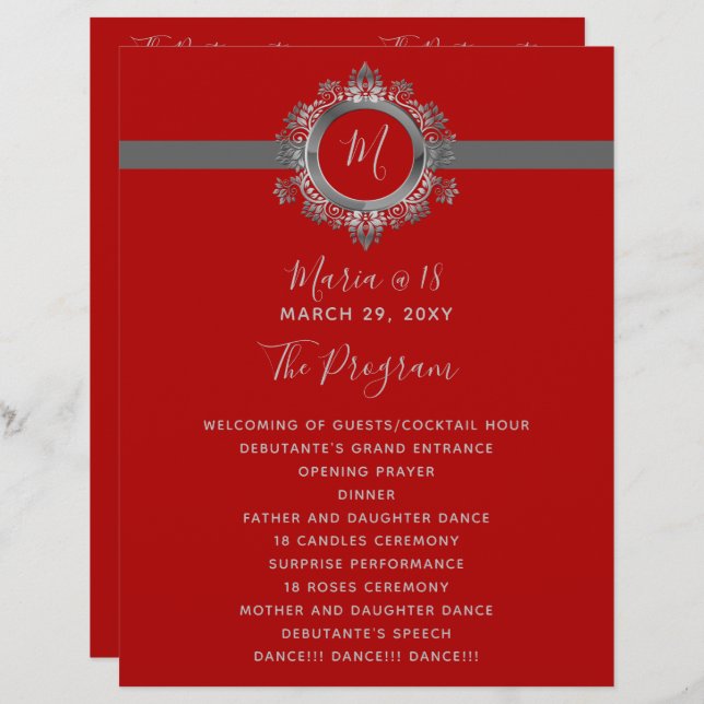 Red and Gray Monogram Birthday Programs (Front/Back)