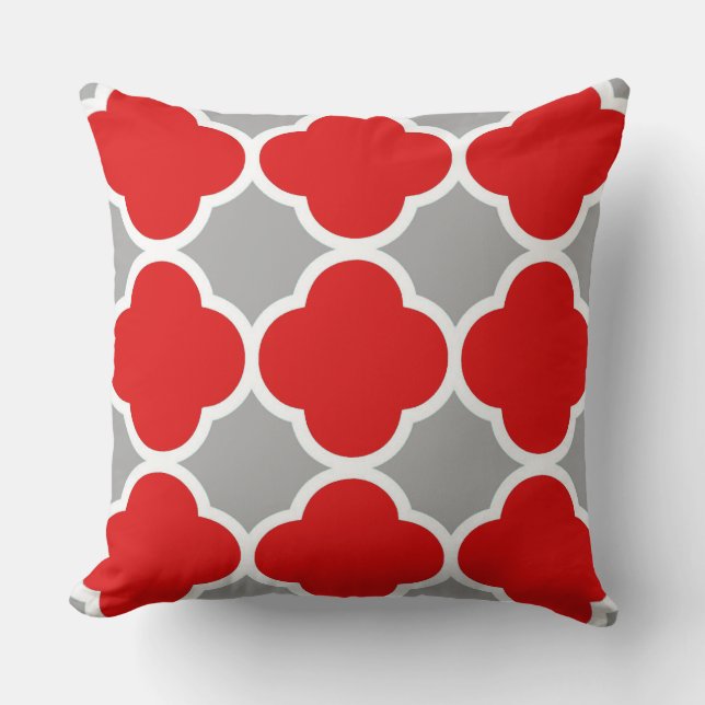 Red and Gray Quatrefoil Pattern Throw Pillow (Front)