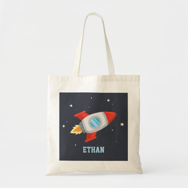 Red and Gray Rocket Blasting Off In Space Tote Bag (Front)