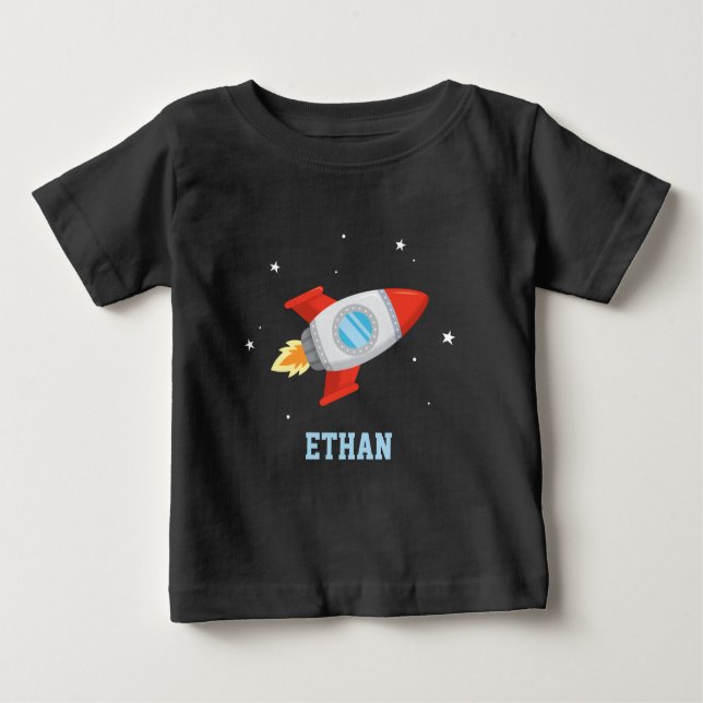 Red and Gray Rocket In Outer Space Baby T-Shirt (Front)