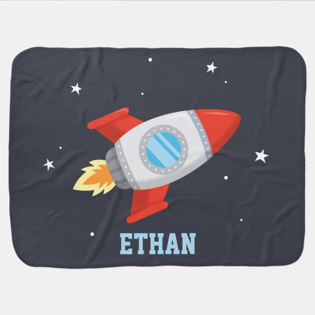Red and Gray Rocket In Space, Baby Personalized Baby Blanket (Horizontal)