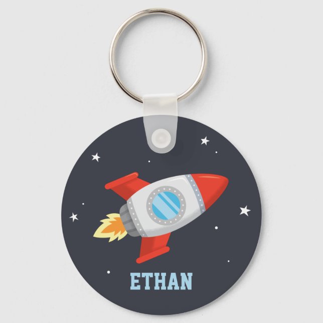 Red and Gray Rocket In Space, Kids Name Keychain (Front)