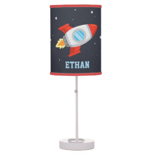 Red and Gray Rocket In Space, Kids Room Decor Table Lamp