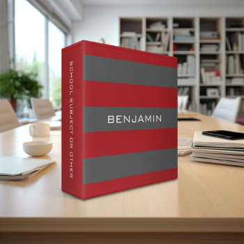 Red And Gray Rugby Stripes With Custom Name 3 Ring Binder by MarshBaby at Zazzle