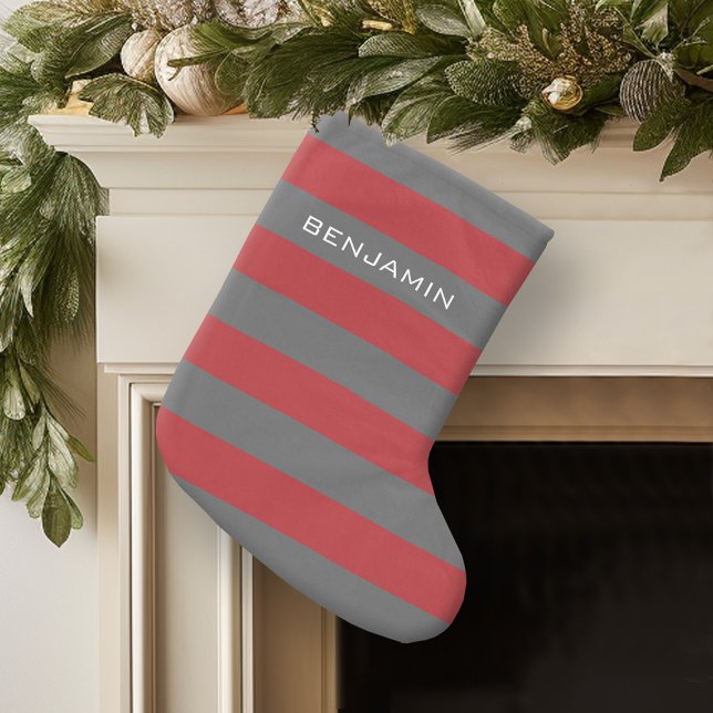 Red and Gray Rugby Stripes with Custom Name Large Christmas Stocking (Personalized Christmas Stocking)