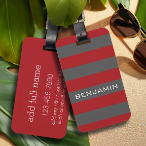 Red and Gray Rugby Stripes with Custom Name Luggage Tag