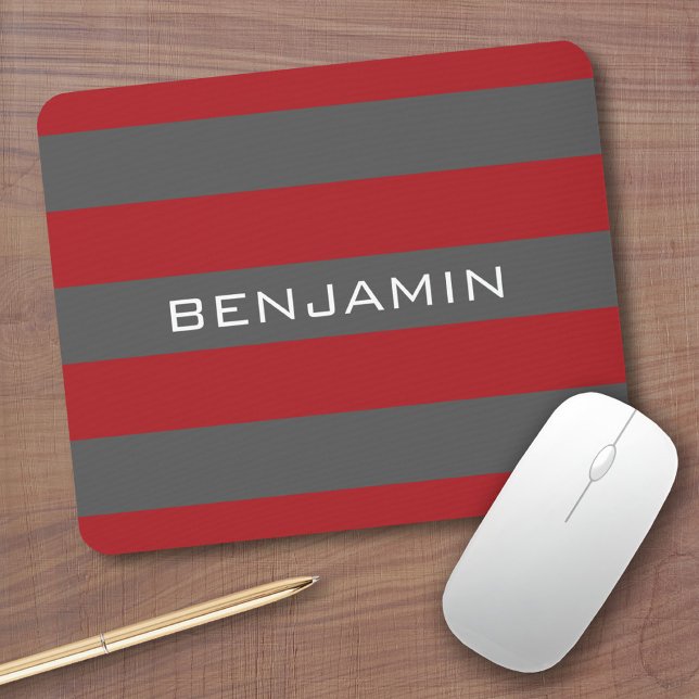 Red and Gray Rugby Stripes with Custom Name Mouse Pad (Custom mouse pads)