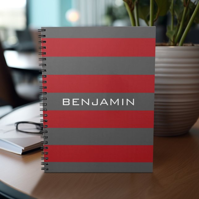 Red and Gray Rugby Stripes with Custom Name Notebook (Personalized notebook with custom text - add your name and other options)