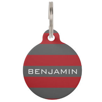 Red and Gray Rugby Stripes with Custom Name Pet Name Tag