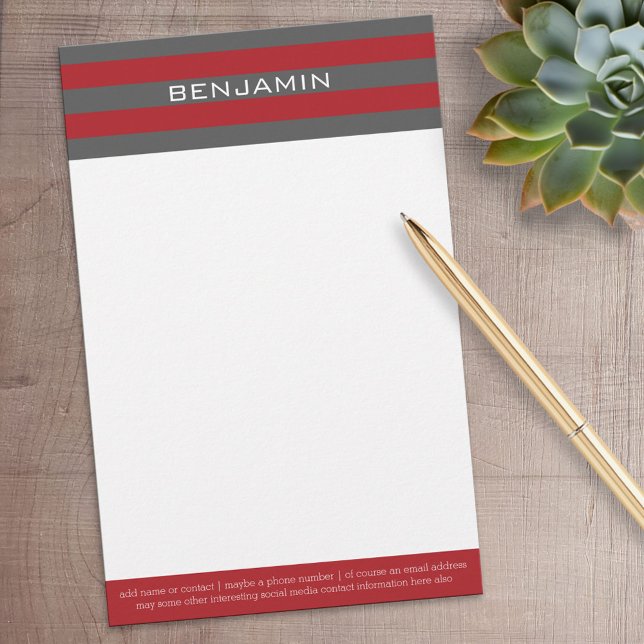 Red and Gray Rugby Stripes with Custom Name Stationery (Personalized Stationery)