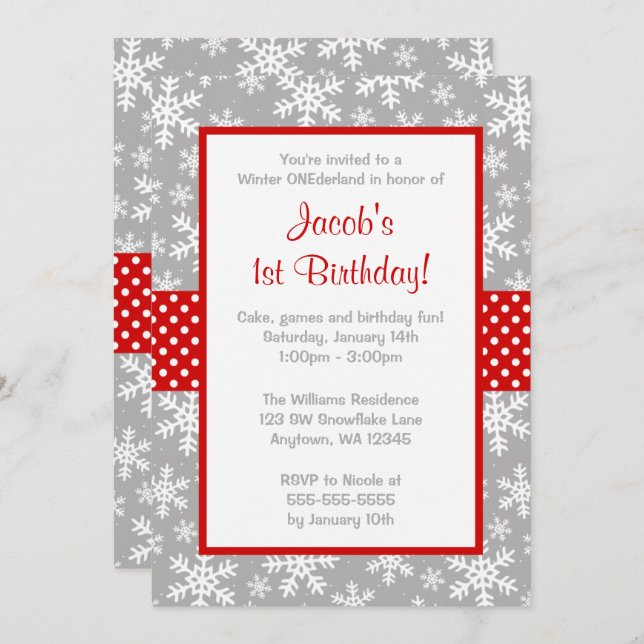 Red and Gray Snowflakes Winter Onederland Invitation (Front/Back)