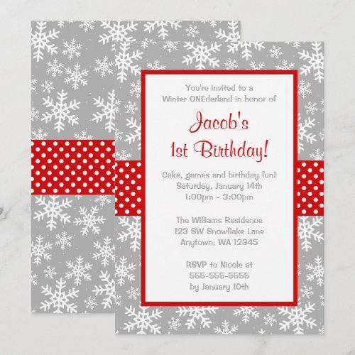 Red and Gray Snowflakes Winter Onederland Custom Invitation