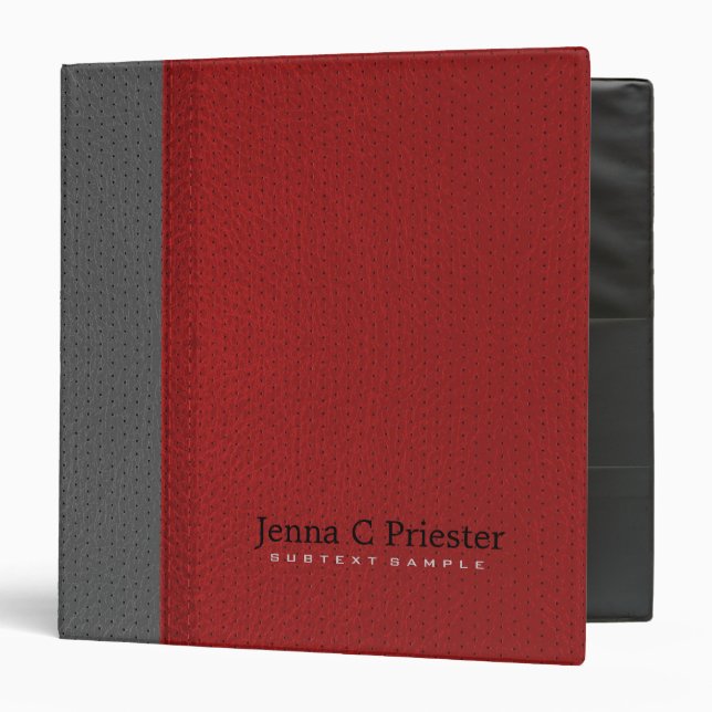 Red And Gray Stitched Leather Look 3 Ring Binder (Front/Inside)