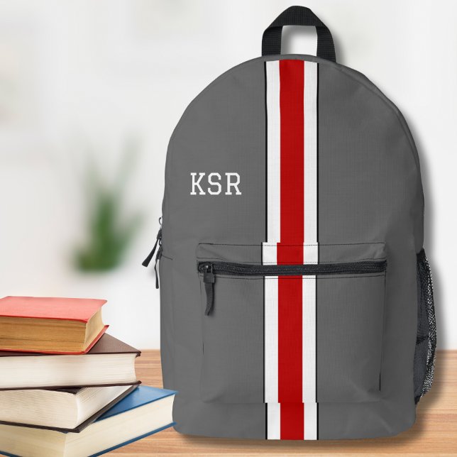 Red and Gray Stripe College Colors Monogram Printed Backpack (Creator Uploaded)