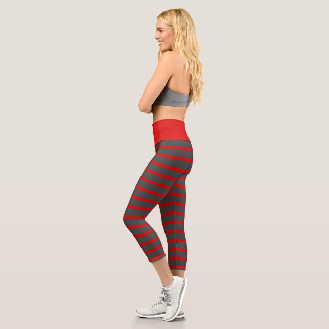 Red and Gray Stripes Capri Leggings (Left)