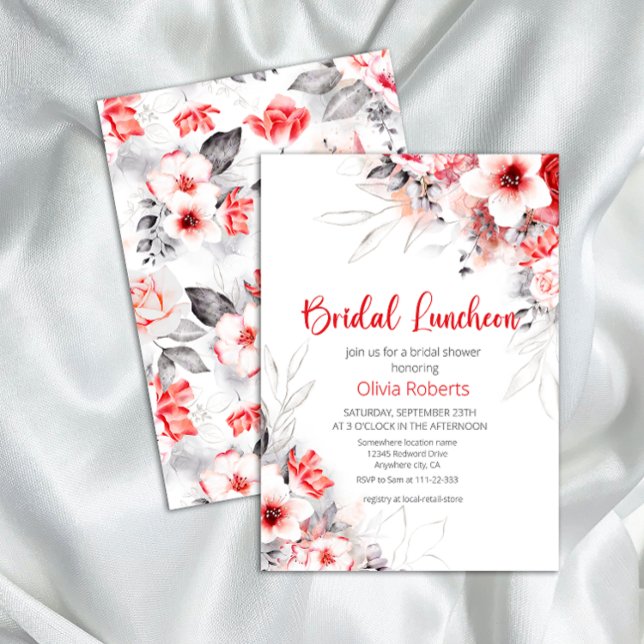 Red and Gray Watercolor Flowers Bridal Luncheon Invitation (Creator Uploaded)
