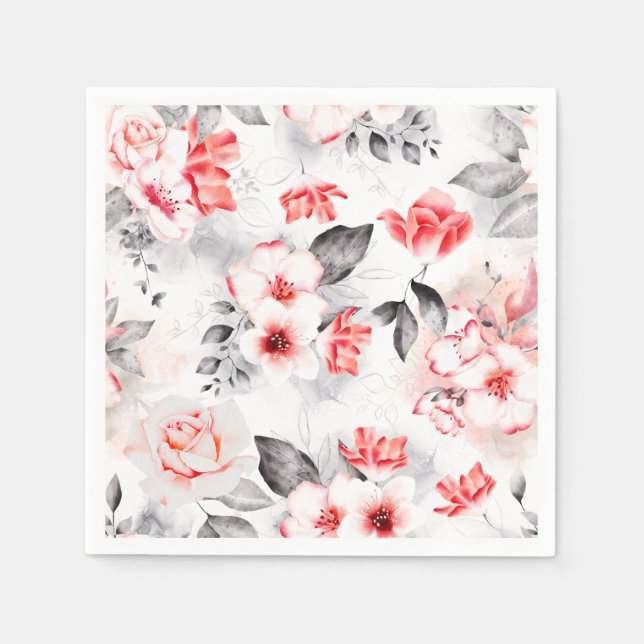 Red and Gray Watercolor Flowers Bridal Shower Napkins (Front)