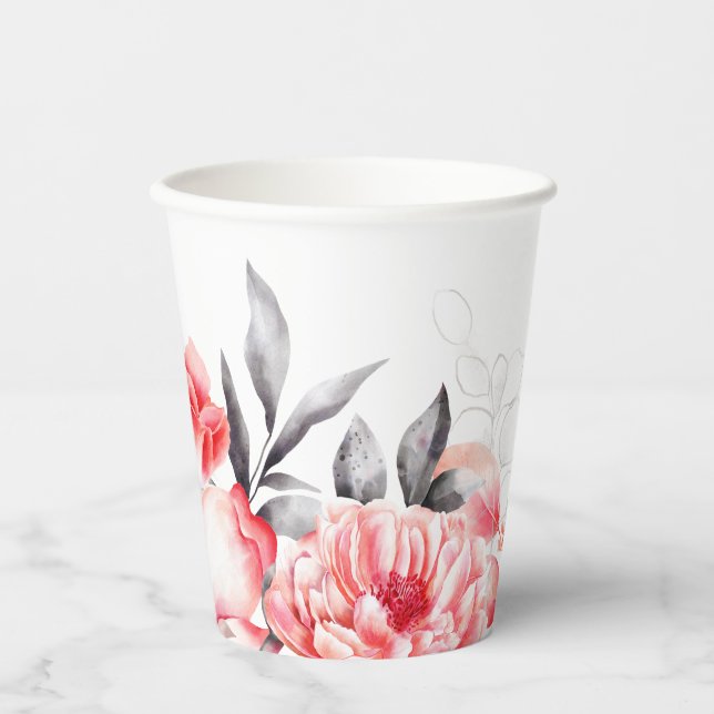 Red and Gray Watercolor Flowers Bridal Shower Paper Cups (Front)