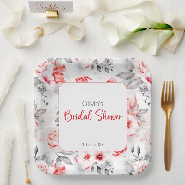 Red and Gray Watercolor Flowers Bridal Shower Paper Plates (Wedding)