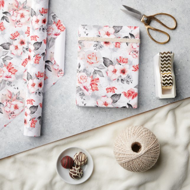 Red and Gray Watercolor Flowers Wrapping Paper (Crafts)