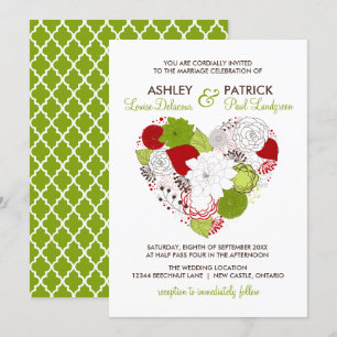 Red and Greed Floral Heart Whimsical Wedding Invitation