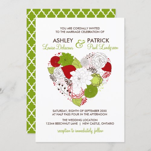 Red and Greed Floral Heart Whimsical Wedding Invitation