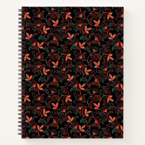Red and Green Abstract Floral on Black Background Notebook