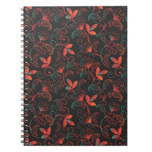 Red and Green Abstract Floral on Black Background Notebook