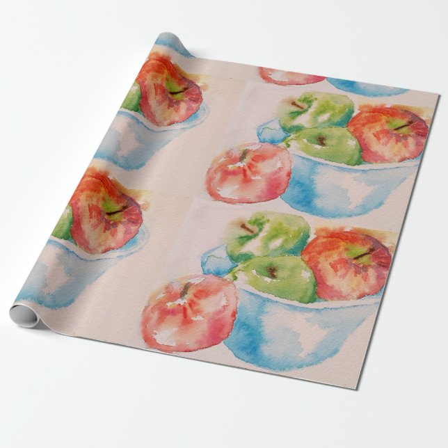 Red and Green Apples apple Watercolour Wrapping Wrapping Paper (Unrolled)