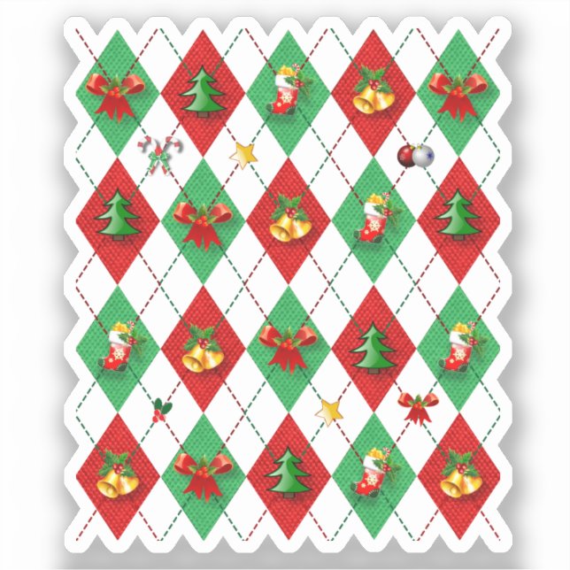 Red and Green Argyle Pattern Christmas Sticker (Front)