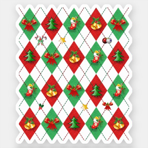 Red and Green Argyle Pattern Christmas Sticker