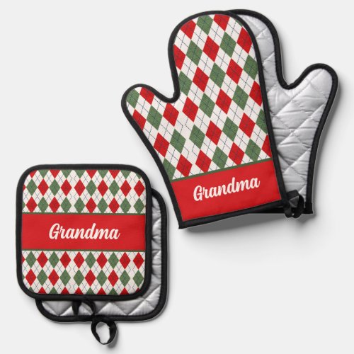 Red and Green Argyle Patterned Grandma Christmas Oven Mitt  Pot Holder Set