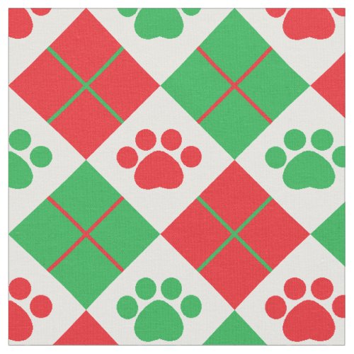 Red and Green Argyle Paw Print Fabric